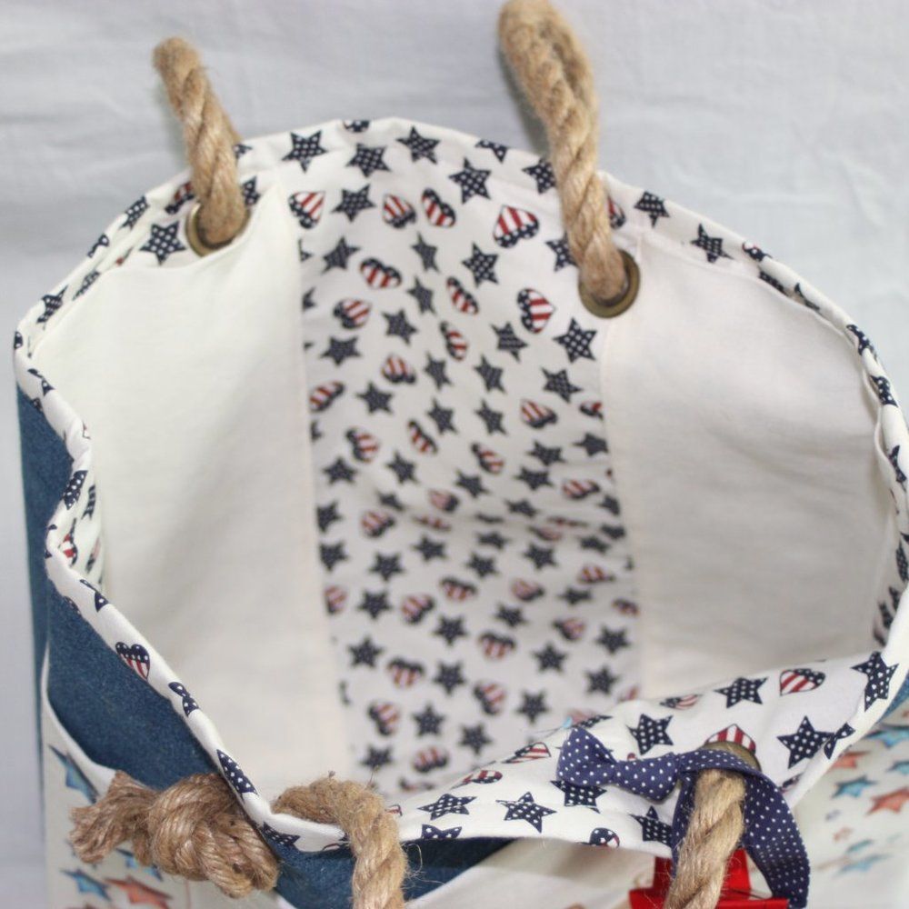 Stars Denim Open Top Tote with Rope Handles Hand Crafted NEW - Picture 5 of 6
